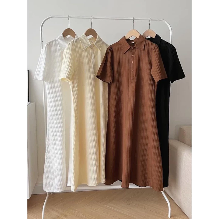 Váy đầm suông polo đũi gân,váy xuông sơ mi cổ đức dáng dài tay cộc form rộng ( KHÔNG KÈM VÁY LÓT) V9 SUTANO