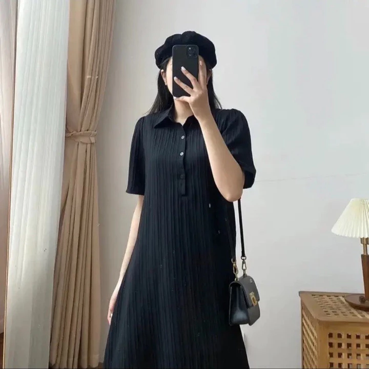 Váy đầm suông polo đũi gân,váy xuông sơ mi cổ đức dáng dài tay cộc form rộng ( KHÔNG KÈM VÁY LÓT) V9 SUTANO