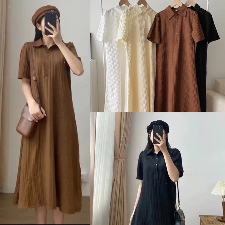 Váy đầm suông polo đũi gân,váy xuông sơ mi cổ đức dáng dài tay cộc form rộng ( KHÔNG KÈM VÁY LÓT) V9 SUTANO