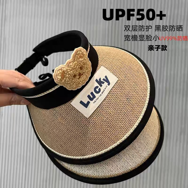 Mũ cói hở chóp chống nắng vành rộng cho bé trai bé gái hoạ tiết gấu thêu chữ LUCKY , phù hợp 1-10 tuổi