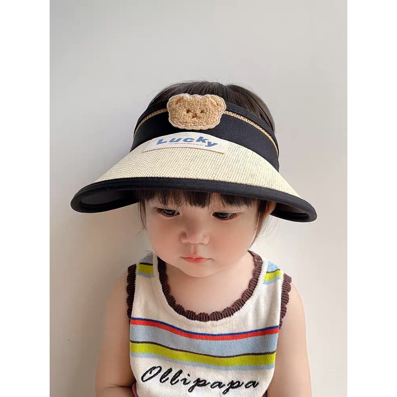 Mũ cói hở chóp chống nắng vành rộng cho bé trai bé gái hoạ tiết gấu thêu chữ LUCKY , phù hợp 1-10 tuổi