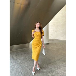 Đầm body đắp ngực tay phồng xếp ly eo và ngực-TKO TẶNG KÈM HOA TAI THỜI TRANG