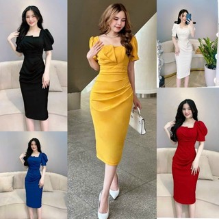 Đầm body đắp ngực tay phồng xếp ly eo và ngực-TKO TẶNG KÈM HOA TAI THỜI TRANG