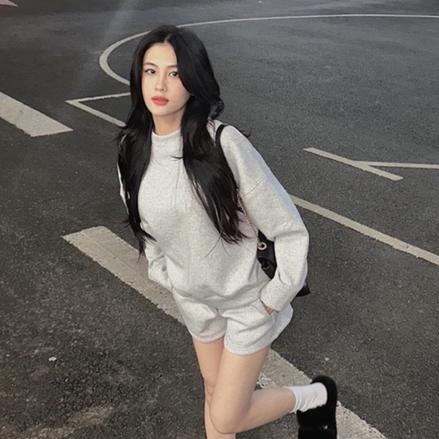 Bộ quần áo nỉ trơn oversize HHVINTAGE kiểu sweater short Set A107