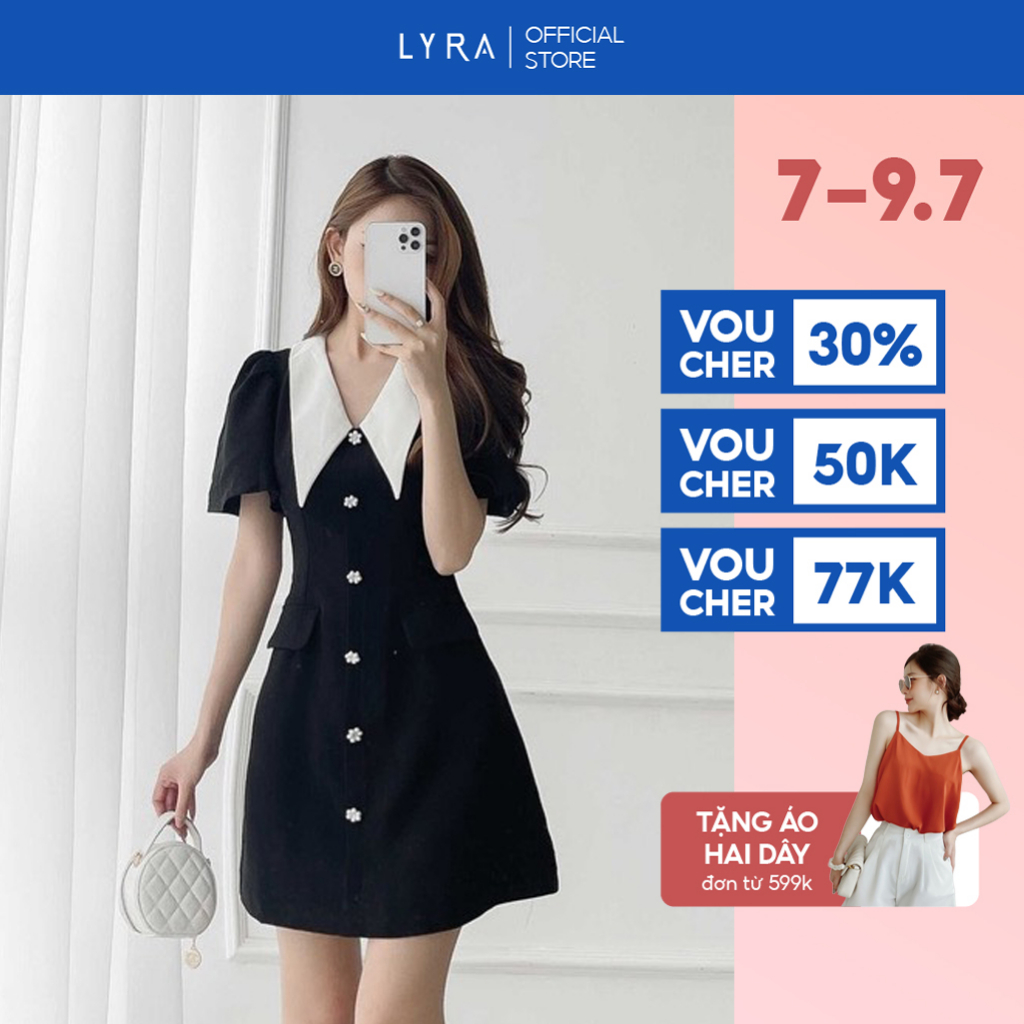 Váy thiết kế LYRA dáng xòe, chất tuyết Hàn tay cách điệu đính cúc sang chảnh, nữ tính - LWTVD417