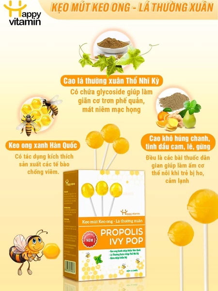 Kẹo mút ho keo ong lá thường xuân Happy Vitamin - Combo 2 Hộp hỗ trợ ngăn ngừa ho, viêm họng, bảo vệ vòm họng 12 que/hộp