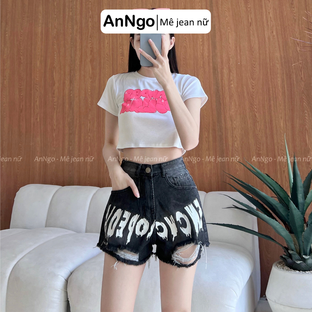 Quần short nữ denim lưng cao chữ trang trí cách điệu hiện đại Anngo - AT295