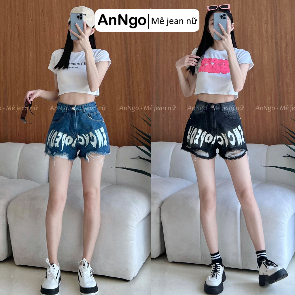 Quần short nữ denim lưng cao chữ trang trí cách điệu hiện đại Anngo - AT295