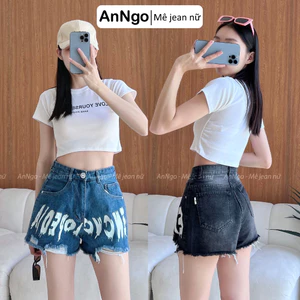 Quần short nữ denim lưng cao chữ trang trí cách điệu hiện đại Anngo - AT295