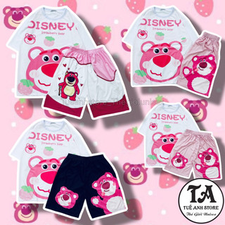 Set Bộ Đùi Gấu Dâu Lotso cotton quần áo hoạt hình hoạ tiết đáng yêu Mặc nhóm Đi Biển Bộ mặc nhà Cartoon form rộng Unisex