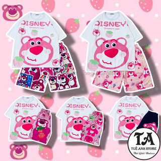 Set Bộ Đùi Gấu Dâu Lotso cotton quần áo hoạt hình hoạ tiết đáng yêu Mặc nhóm Đi Biển Bộ mặc nhà Cartoon form rộng Unisex