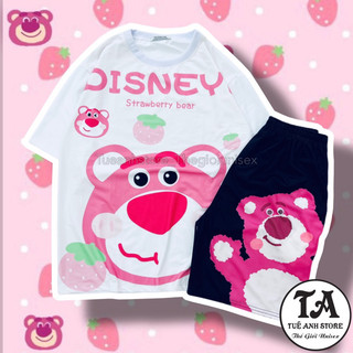 Set Bộ Đùi Gấu Dâu Lotso cotton quần áo hoạt hình hoạ tiết đáng yêu Mặc nhóm Đi Biển Bộ mặc nhà Cartoon form rộng Unisex