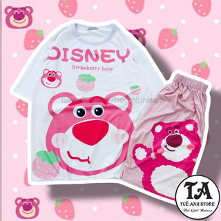 Set Bộ Đùi Gấu Dâu Lotso cotton quần áo hoạt hình hoạ tiết đáng yêu Mặc nhóm Đi Biển Bộ mặc nhà Cartoon form rộng Unisex