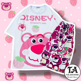 Set Bộ Đùi Gấu Dâu Lotso cotton quần áo hoạt hình hoạ tiết đáng yêu Mặc nhóm Đi Biển Bộ mặc nhà Cartoon form rộng Unisex