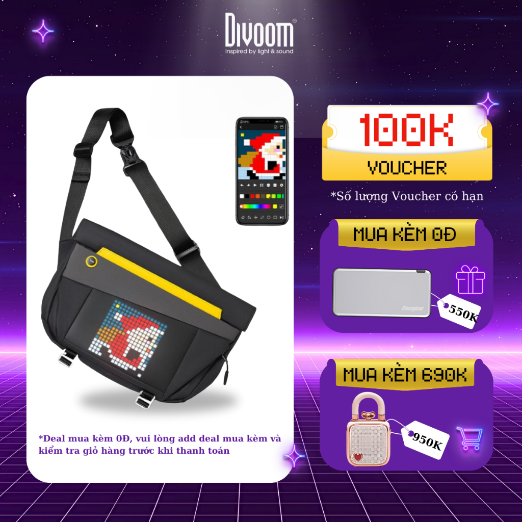 Túi đeo chéo DIVOOM Pixoo Slingbag-V hiển thị màn hình LED, có thể đựng laptop/tablet 11 inch