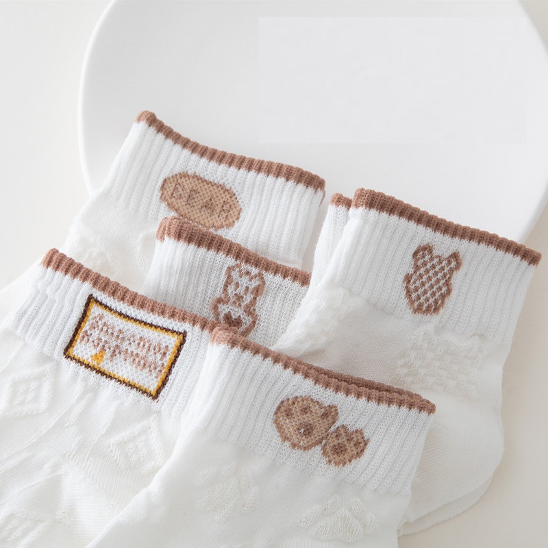 Set 5 đôi tất cổ ngắn nữ, vớ nữ hoạt tiết thỏ gấu chất vải cotton co giãn bốn chiều thoáng khí