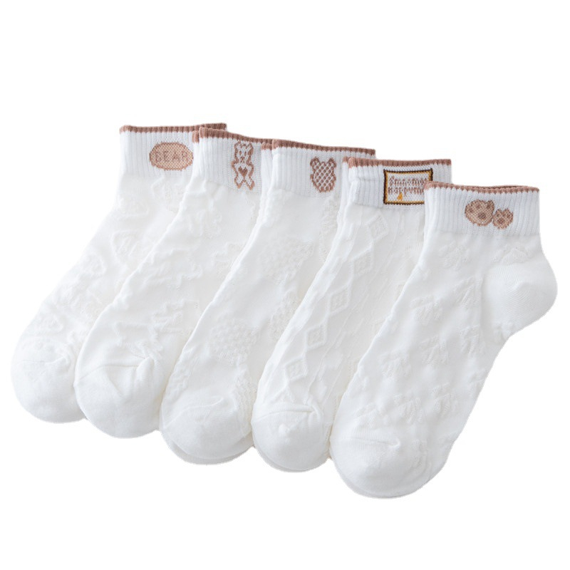 Set 5 đôi tất cổ ngắn nữ, vớ nữ hoạt tiết thỏ gấu chất vải cotton co giãn bốn chiều thoáng khí