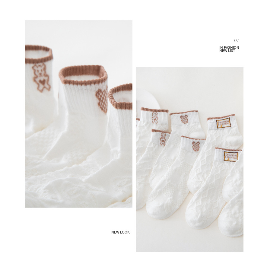Set 5 đôi tất cổ ngắn nữ, vớ nữ hoạt tiết thỏ gấu chất vải cotton co giãn bốn chiều thoáng khí