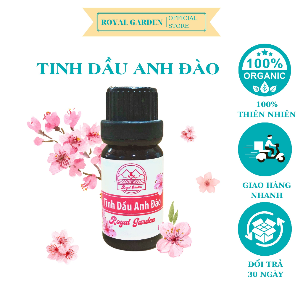 Tinh Dầu Anh Đào Nguyên Chất Royal Garden 50ml Giảm Stress Khử Mùi Chống Say Xe Hàng Chính Hãng
