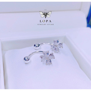 Khuyên tai bạc ta LoPa Sk236 dáng chốt ren bi bốn lá nhỏ xinh,Bạc Lopa