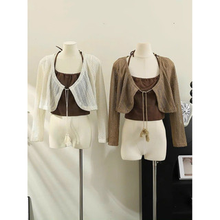 Áo yếm croptop kèm áo khoác cadigan len lưới, Set hai món mua một được hai 1352