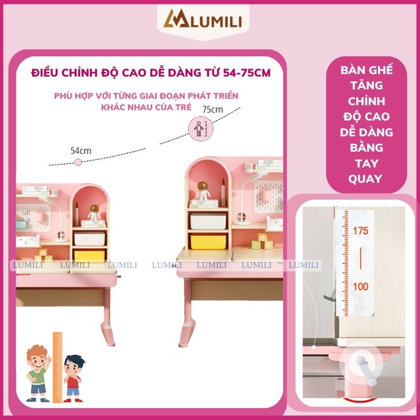 Bộ bàn học chống gù gỗ tự nhiên cao cấp Lumili S4 size lớn 100cm nâng hạ độ cao tay quay, điều chỉnh nghiêng dễ dàng