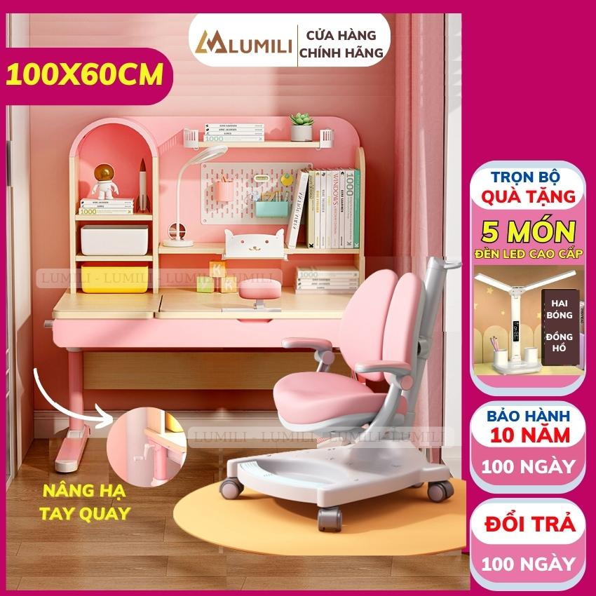 Bộ bàn học chống gù gỗ tự nhiên cao cấp Lumili S4 size lớn 100cm nâng hạ độ cao tay quay, điều chỉnh nghiêng dễ dàng