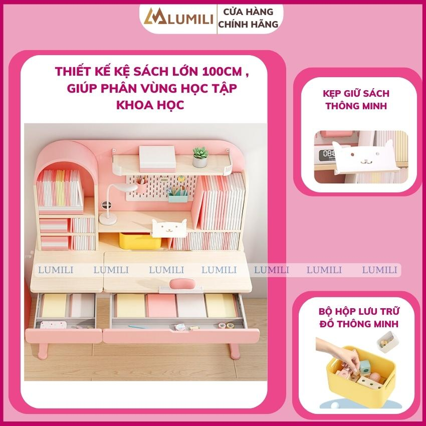 Bộ bàn học chống gù gỗ tự nhiên cao cấp Lumili S4 size lớn 100cm nâng hạ độ cao tay quay, điều chỉnh nghiêng dễ dàng