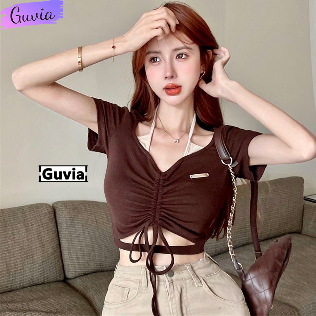 Áo Croptop YẾm Logo RÚt DÂy Nữ Thun Borip Ulzzang Kiểu Ôm Body Áo Choàng Cổ Phong Cách Sexy