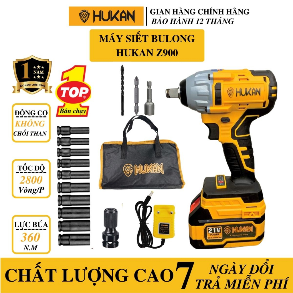 [Tặng 3 mũi] Máy Siết Bulong HUKAN Z900 Lực Siết 360Nm Tặng Kèm Bộ 10 ...