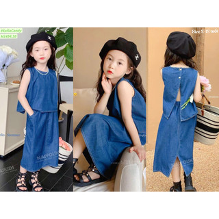(Ảnh thật) Váy jean bé gái. Set đầm jean cotton phong cách cổ điển, sang trọng bé gái 13-45kg Sofia Candy