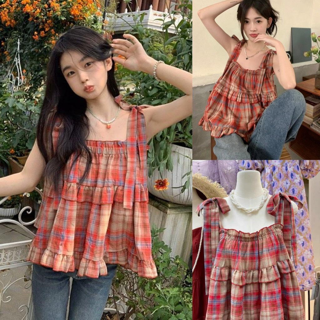 [BABEDOLL]Áo babydoll hai dây kẻ caro đỏ, áo 2 dây chun ngực thắt nơ