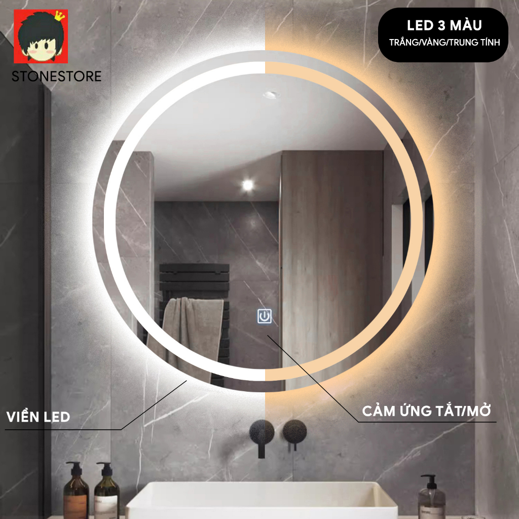 Gương LED treo tường bàn trang điểm, nhà tắm, cảm ứng tắt mở, bao bễ vỡ, LED 3 màu