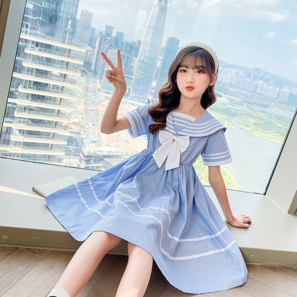 Váy cho bé gái Nhật Hà thiết kế cổ thuỷ thủ X1 size địa 14-45kg đi học đi chơi