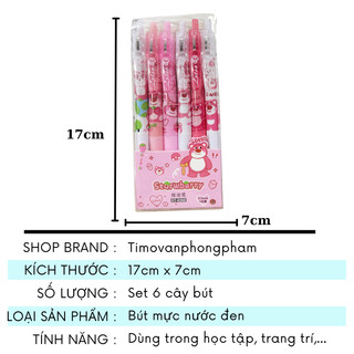 Bút Gấu Dâu Set 6 Cây Mực Bi Đen Đồ Dùng Học Tập Cute Timo VPB2