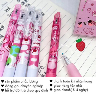 Bút Gấu Dâu Set 6 Cây Mực Bi Đen Đồ Dùng Học Tập Cute Timo VPB2