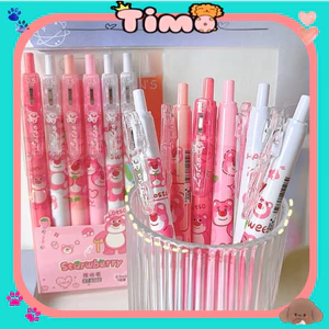 Bút Gấu Dâu Set 6 Cây Mực Bi Đen Đồ Dùng Học Tập Cute Timo VPB2