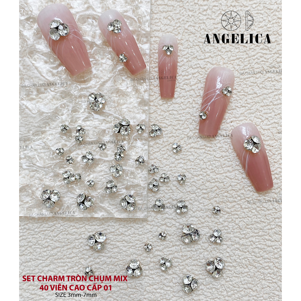 Set  Charm Đá Khối Tròn Chụm Sẵn Chân Vàng ANGELICA - Trang Trí Móng Tay