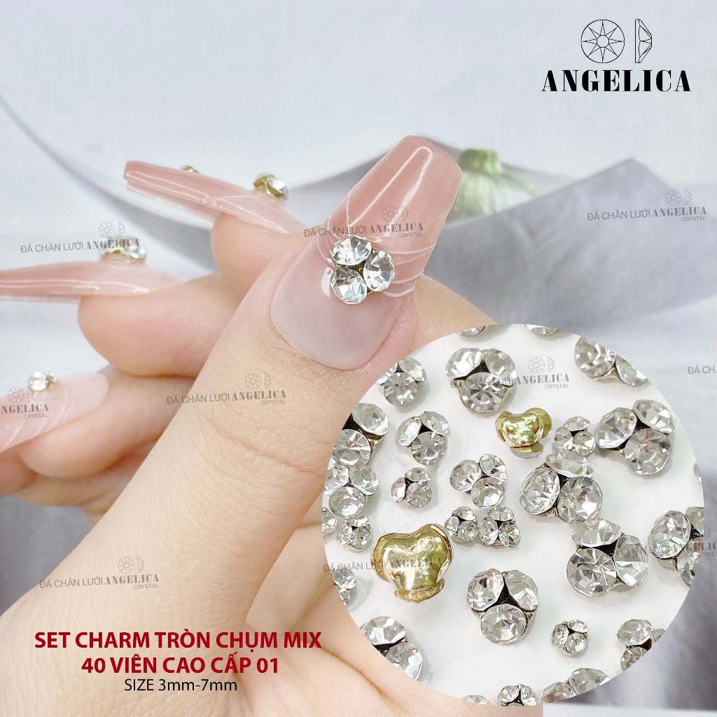 Set  Charm Đá Khối Tròn Chụm Sẵn Chân Vàng ANGELICA - Trang Trí Móng Tay
