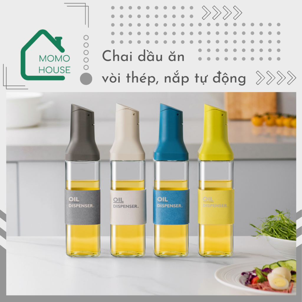 Chai Đựng Dầu Ăn Thuỷ Tinh Vòi Thép MOMOHOUSE, Bình Đựng Dầu Ăn, Nước Mắm Cảm Biến Tự Đóng Mở Nắp Khi Rót