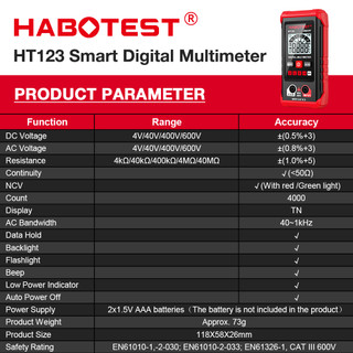 (Bảo hàng 1 năm)HABOTEST HT123 Phát hiện điện áp AC DC Đồng hồ vạn năng thông minh kỹ thuật số 600V