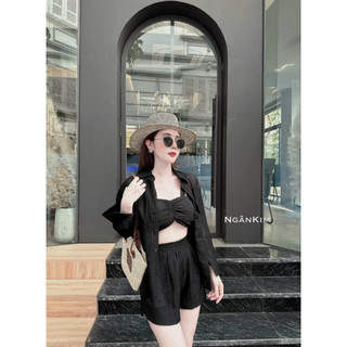 Set bộ blazer nữ mặc đi biển chất tơ xước áo lót bra hai dây cúp ngực mix quần đùi ống rộng lưng chun kèm áo khoác sơmi