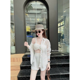 Set bộ blazer nữ mặc đi biển chất tơ xước áo lót bra hai dây cúp ngực mix quần đùi ống rộng lưng chun kèm áo khoác sơmi