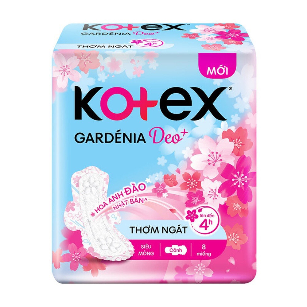 Combo 8 gói băng vệ sinh Kotex Gardenia Deo+ - Hoa Anh Đào Mặt Bông siêu mỏng 23cm 6 miếng