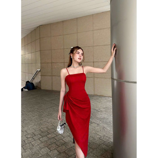 Đầm 2 dây xẻ tà một bên [ đỏ, den, cam, trắng] B034