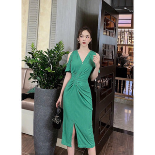 Đầm body thun tăm hở vai sang trọng [Đầm thiết kế đi tiệc xanh, đỏ, da,đen,  vàng ] B033