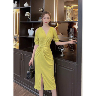 Đầm body thun tăm hở vai sang trọng [Đầm thiết kế đi tiệc xanh, đỏ, da,đen,  vàng ] B033