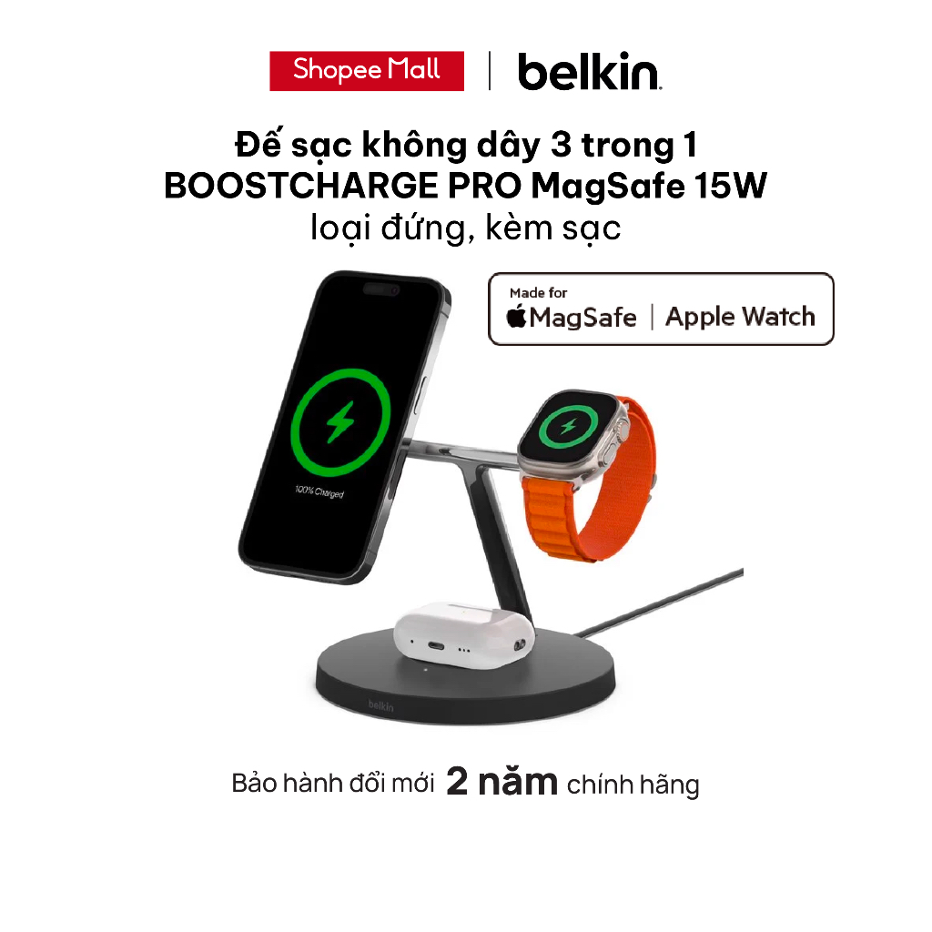 Đế sạc không dây 3 trong 1 BOOST↑CHARGE™ PRO Belkin MagSafe 15W WIZ017dq - Hàng chính hãng