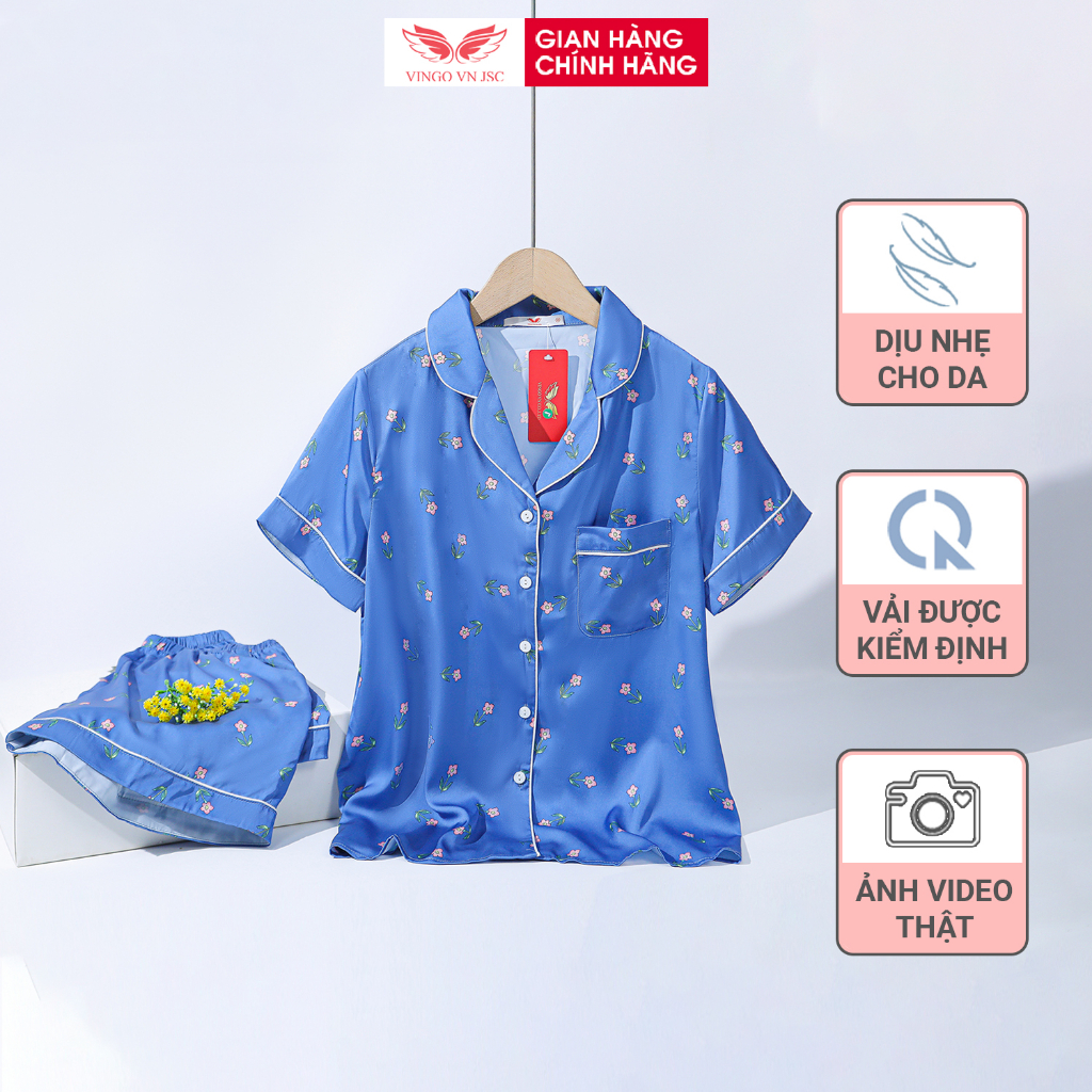 Đồ bộ nữ Pijama mặc nhà Lụa cao cấp mùa hè VINGO tay ngắn quần đùi hoa xanh dễ thương H742 VNGO