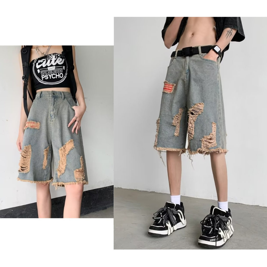 Quần jean đùi rách unisex, quần short bò nam nữ rách gối ống rộng phong ...